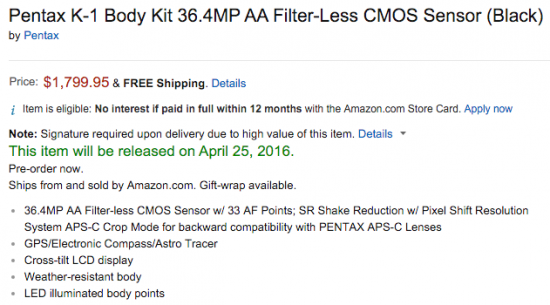 Pentax K-1 camera shipping date