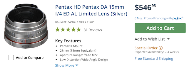 The HD Pentax DA 15mm F 4 ED AL Limited Silver Lens Is Probably