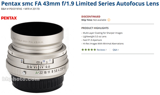 Pentax-smc-FA-43mm-f1.9-limited-series-lens-listed-as-discontinued